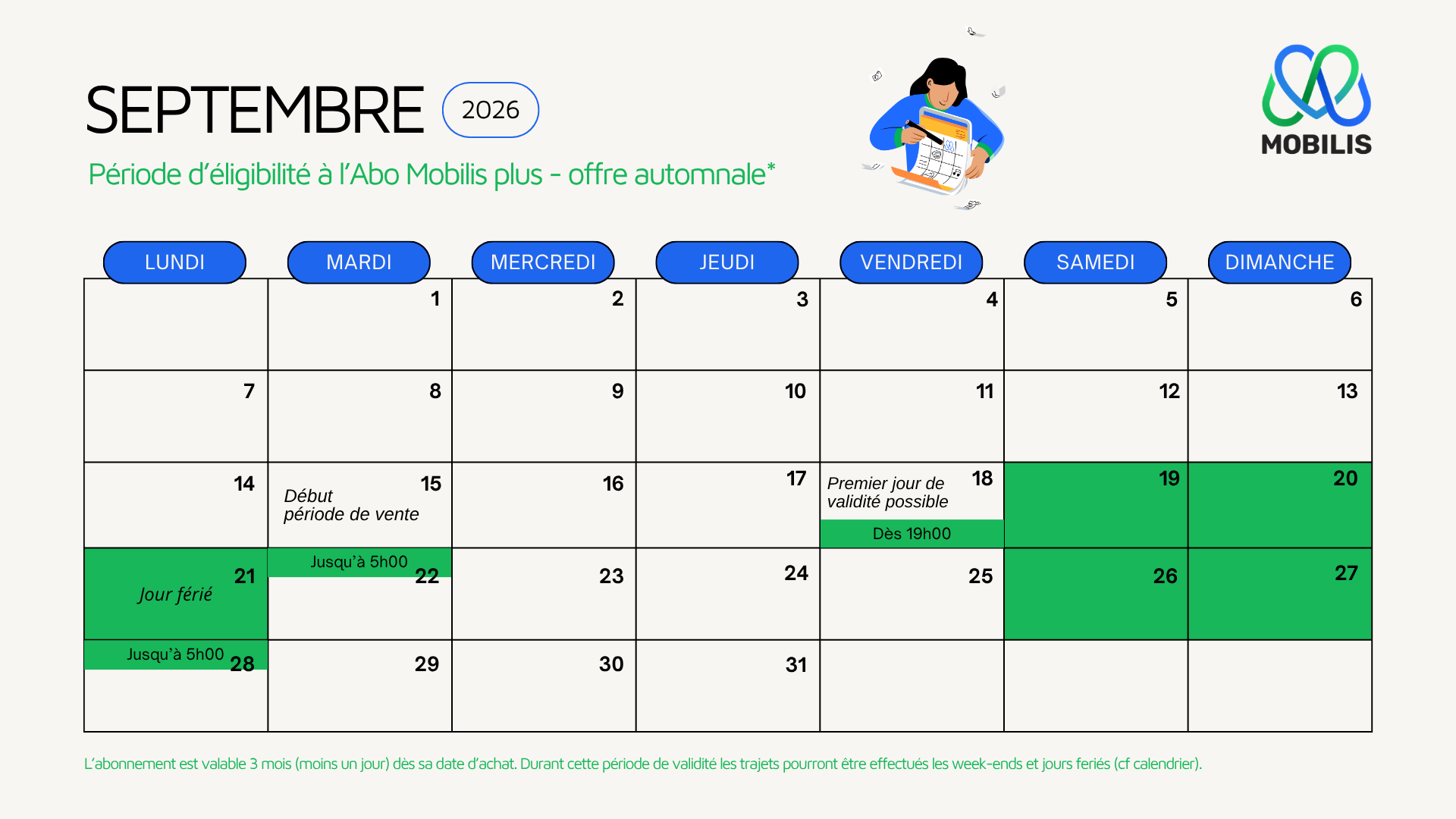 Calendrier Mobilis septembre 2026, offre Abo Mobilis plus
