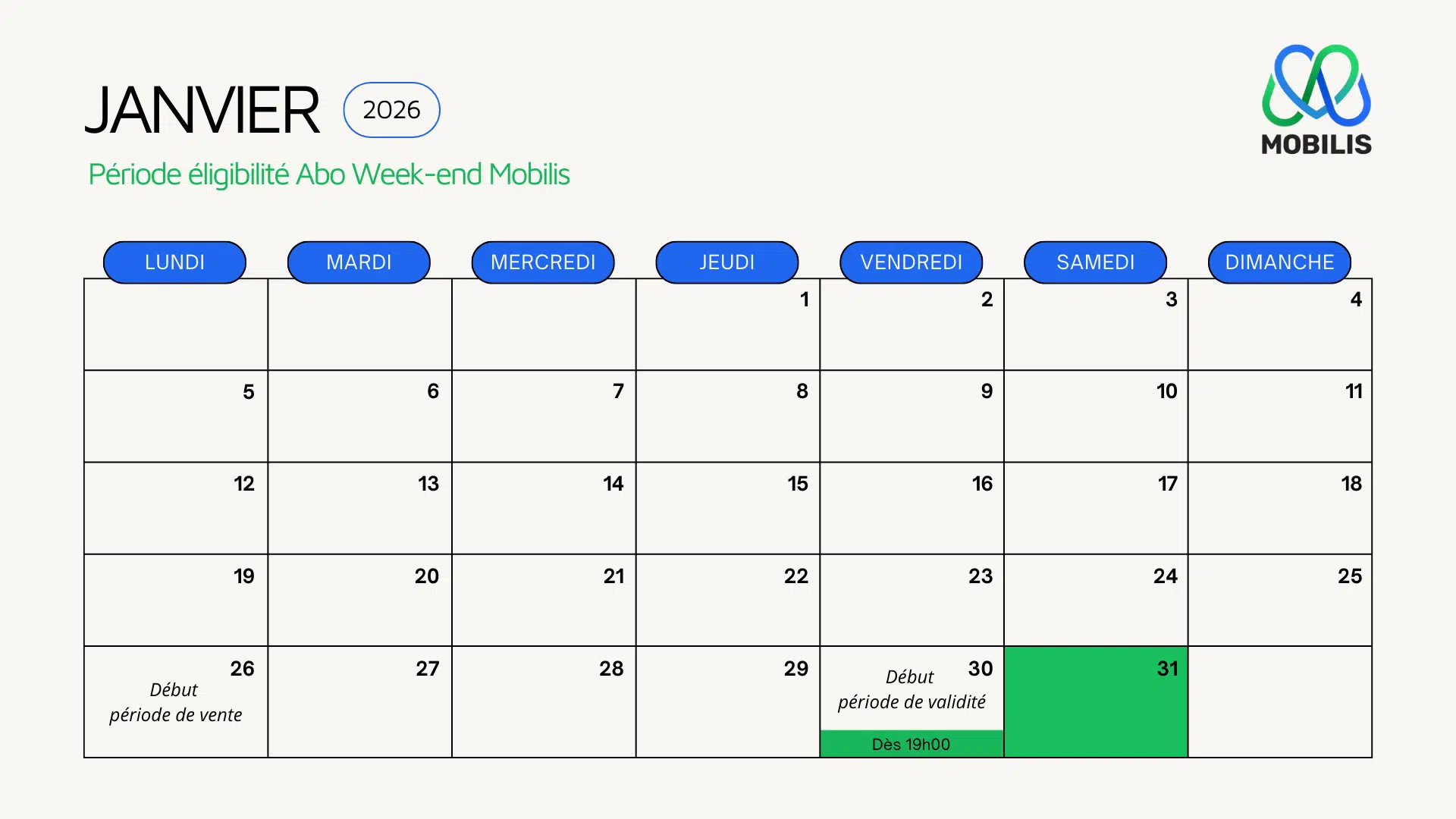 Calendrier janvier 2026 pour Mobilis.