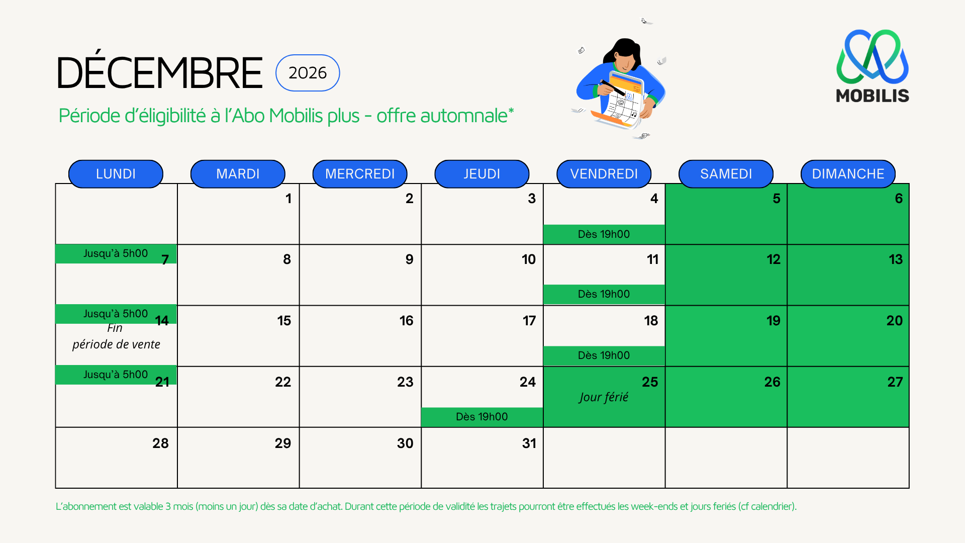 Calendrier Mobilis décembre 2026 de l’offre automnale
