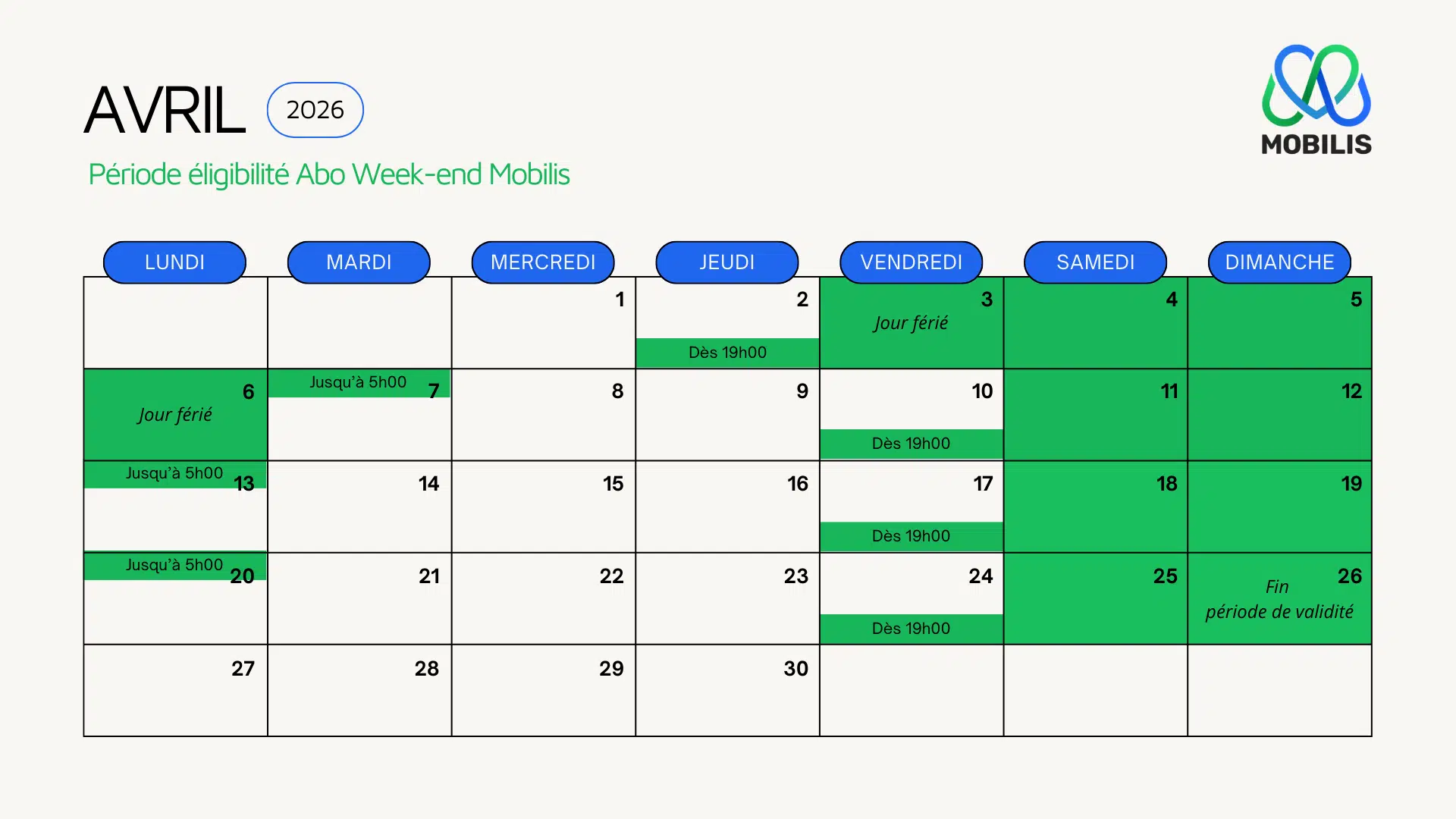 Calendrier avril 2026 pour abonnement week-end Mobilis.