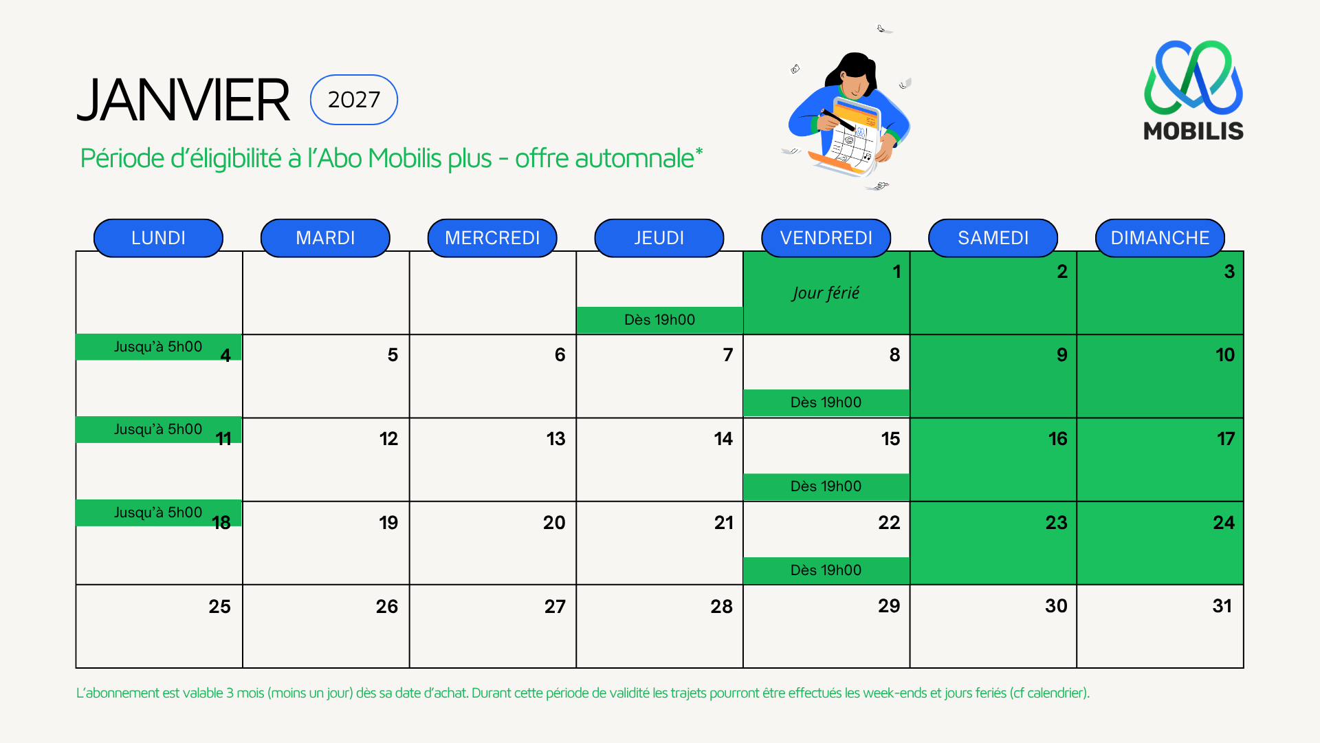 Calendrier janvier 2027 de l’offre Abo Mobilis plus