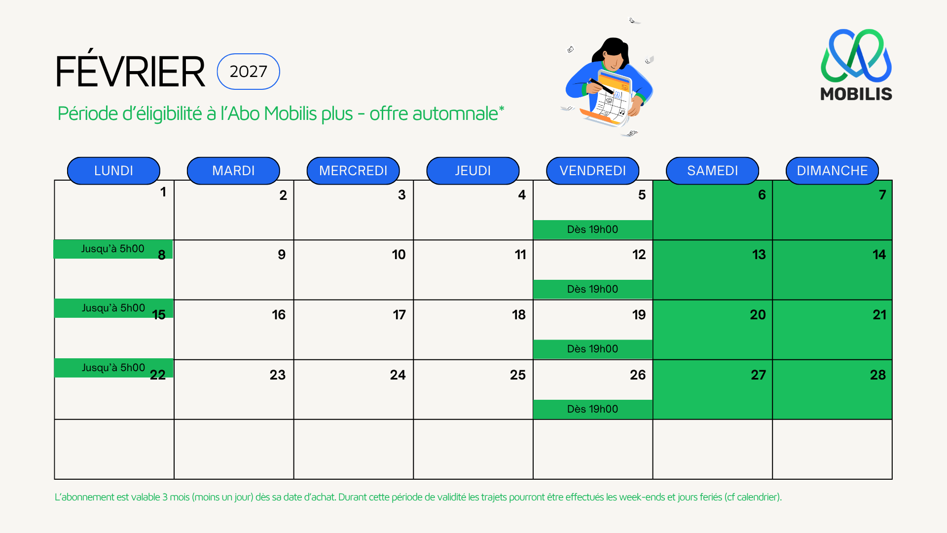 Calendrier Mobilis de février 2027 avec périodes d’éligibilité